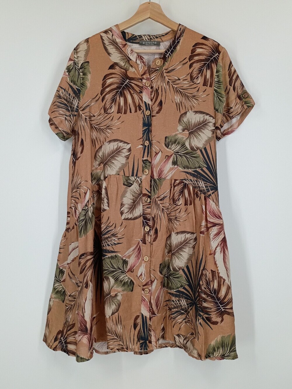 Pistache Linen Tropical Leaf Print Dress